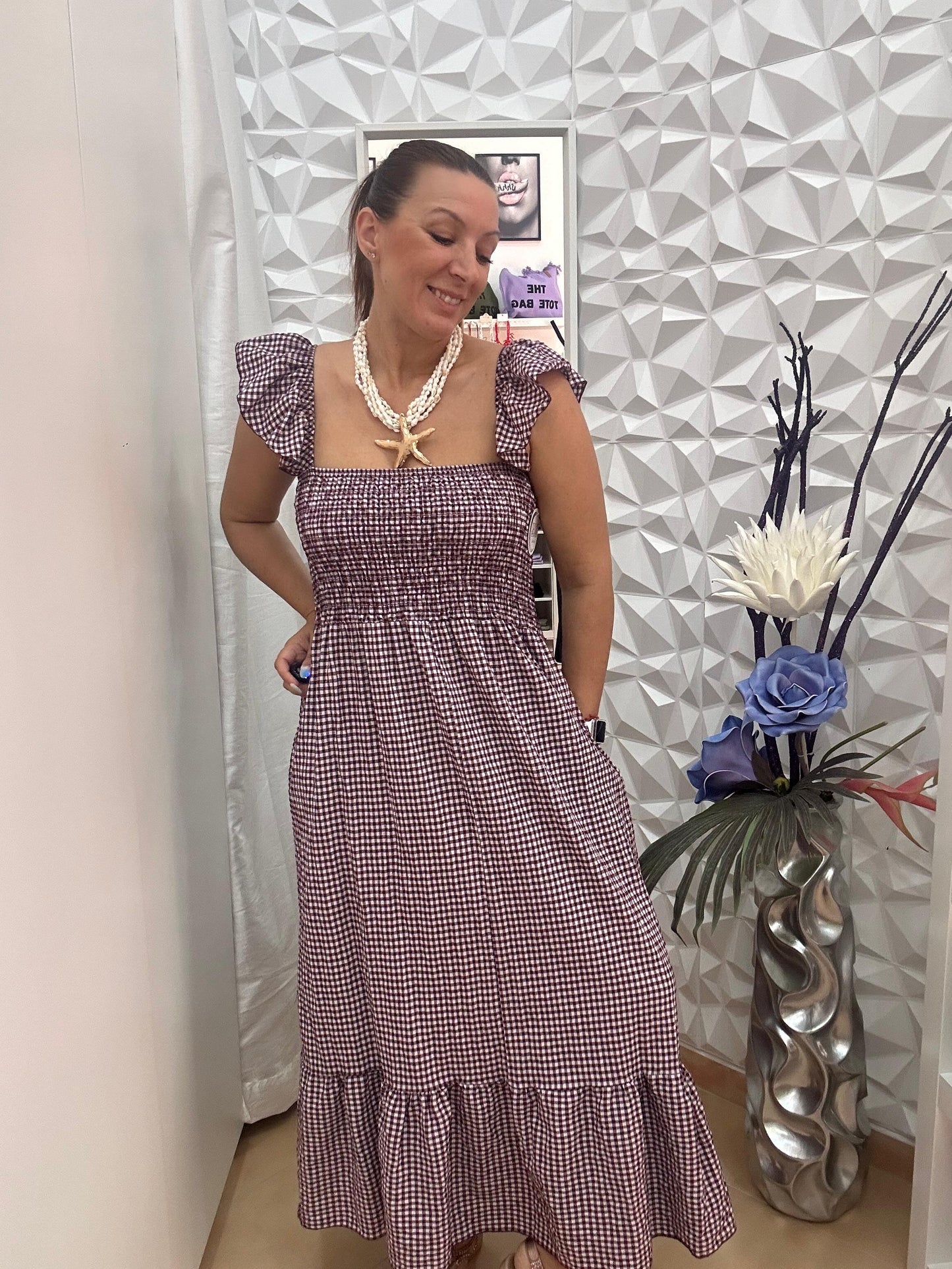 VESTIDO VICHY BERENGENA